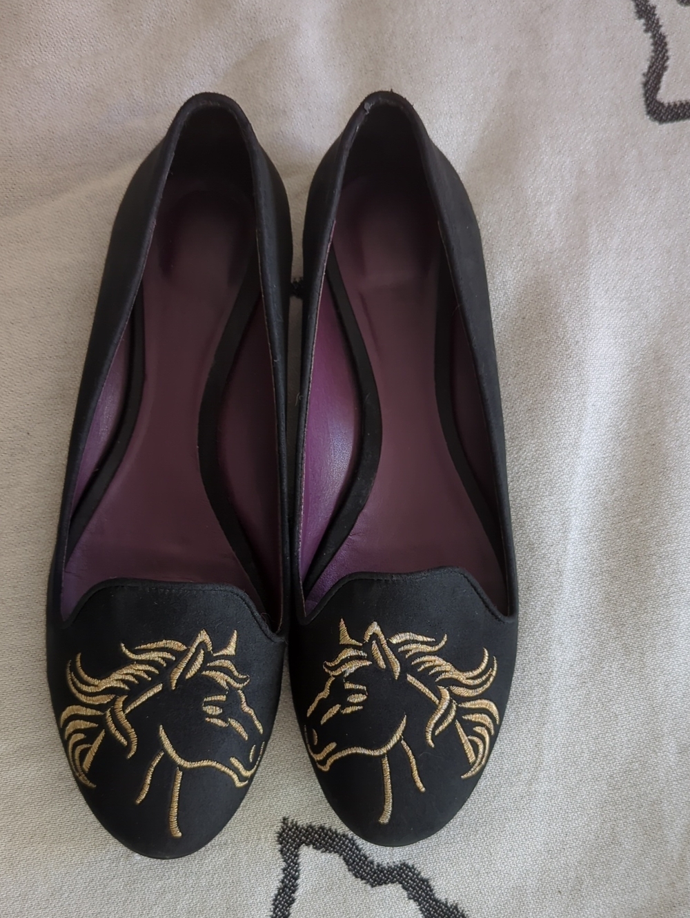 Black Flats with Gold Embroidered Horse Detail